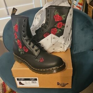 Dr. Martens Black Boots with Red Rose Embroidery